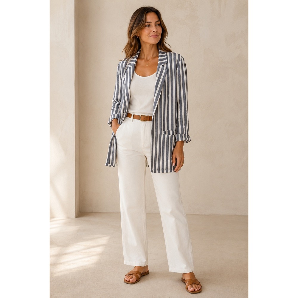 Caslon Linen Blend Blazer XL Navy White Stripe Longline Coastal Open Front 33"